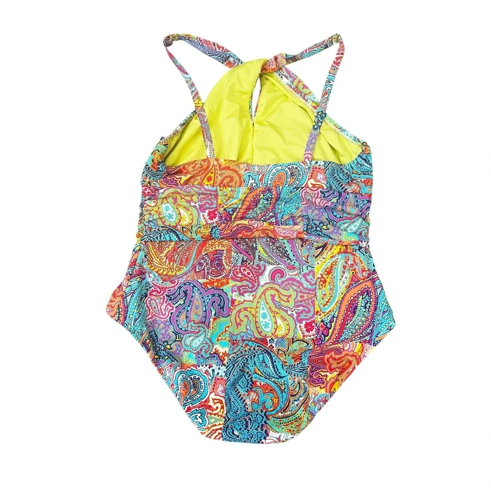 Bleu Rod Beattie Paisley Halter One‎ Piece Swimsuit Plus Size 16W Multi Color